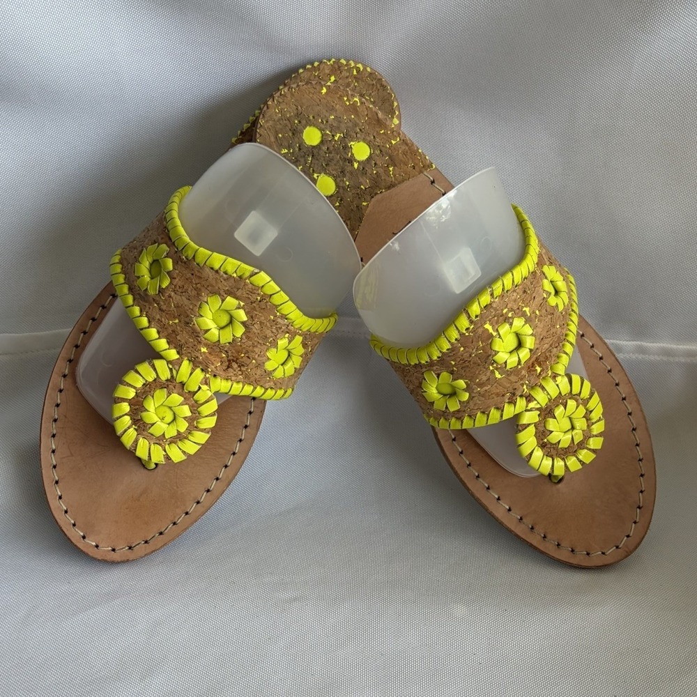 Jack Rogers Navajo Sandals Women 6.5 Tan Green Leather Cork Whipstitch Flat Shoe